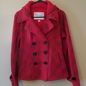 Red and Black Plaid Peacoat